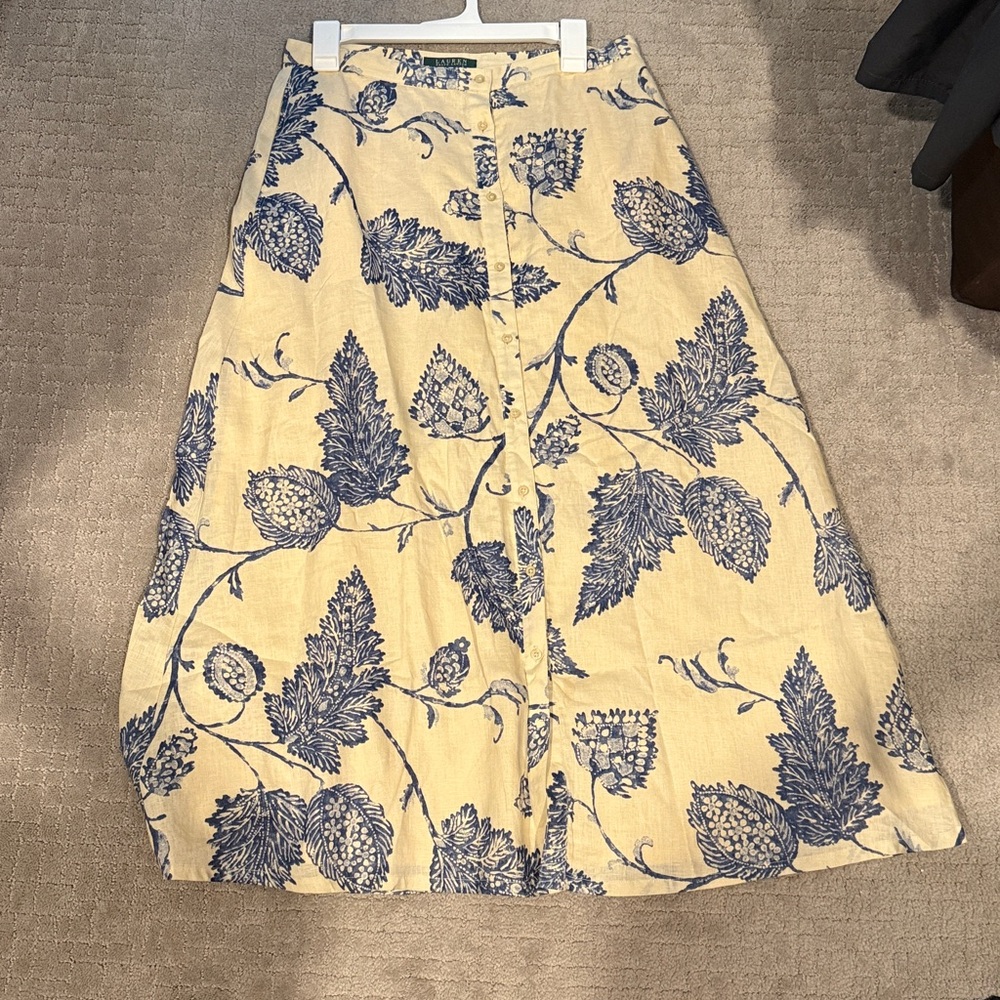 Lauren RL 100% Linen button Front A-Line Midi Skirt size 8